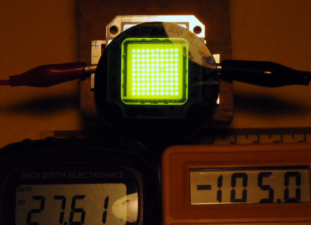100 Watt LED.  Current is now 100 mA and it is seriously bright. All segments are lit equally.