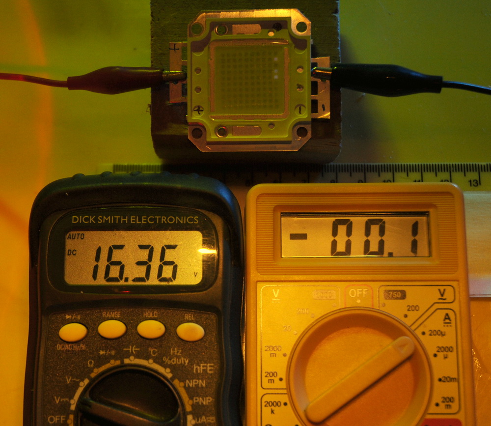100 Watt LED.  Current is a tiny 100 nA when the first segments light up.  This is only shown up on a 19 second photo exposure.