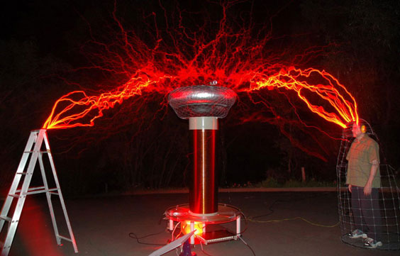 Red sparks give a colourful take on normal Tesla coils without and post processing.